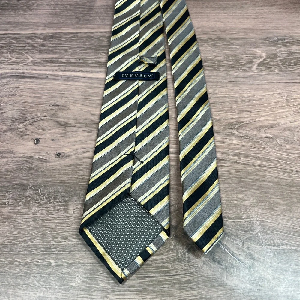 Ivy Crew Necktie Mens Black Gold Grey Striped Handmade Classic Tie